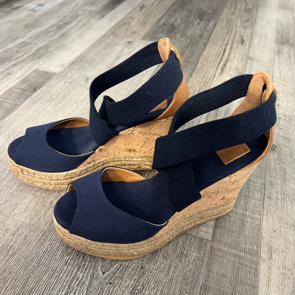 Tory Burch navy Peep- toe cork wedges - Picture 3 of 6